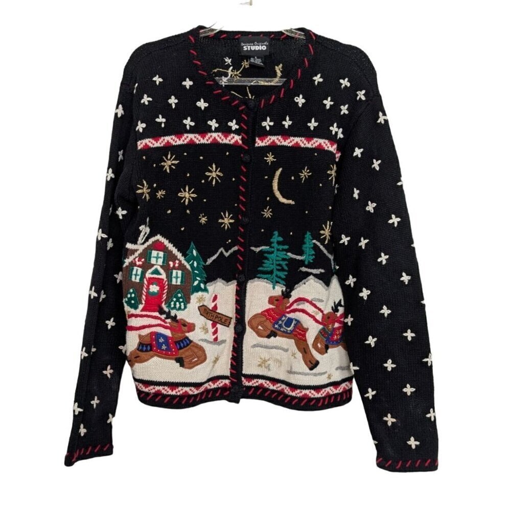 Ugly Christmas Cardigan Womens Size Small Black Embroidered North Pole Knit